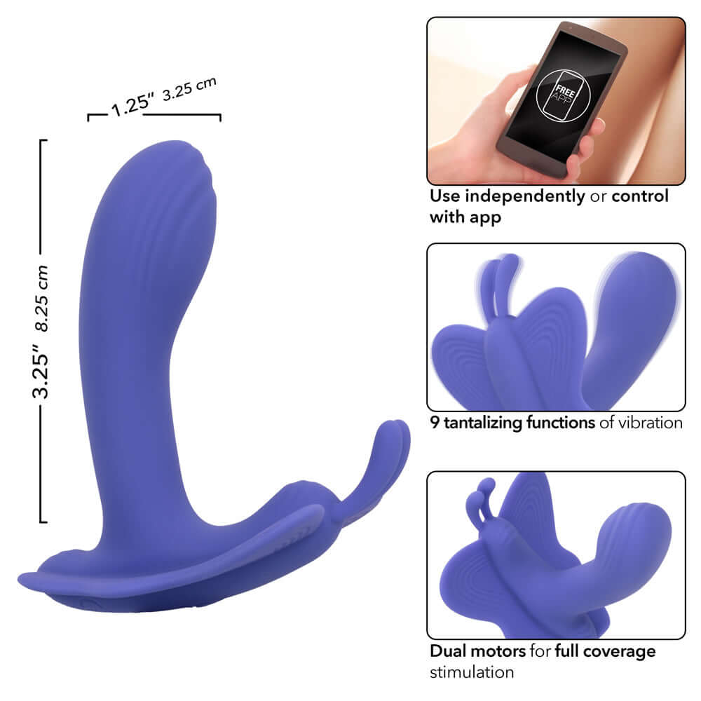 CalExotics Connect Venus Butterfly dual motor stimulator in periwinkle with app control and nine vibration functions for full coverage stimulation.