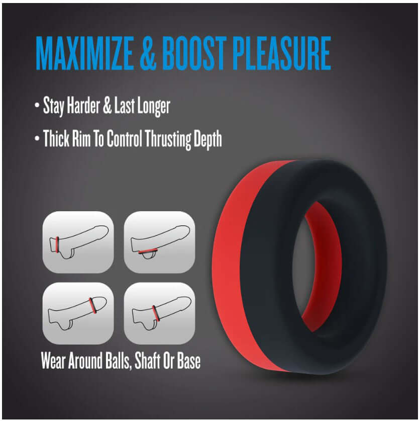 Performance Plus Takeoff Silicone Cock Ring Red Black, designed to maximize pleasure and provide a secure fit.