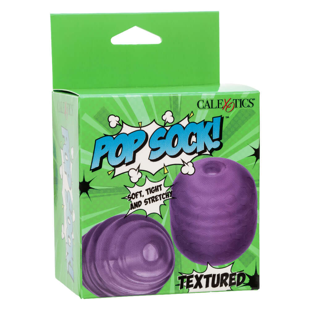 Pop Sock Textured Stroker Purple packaging featuring a soft, tight, and stretchy design.