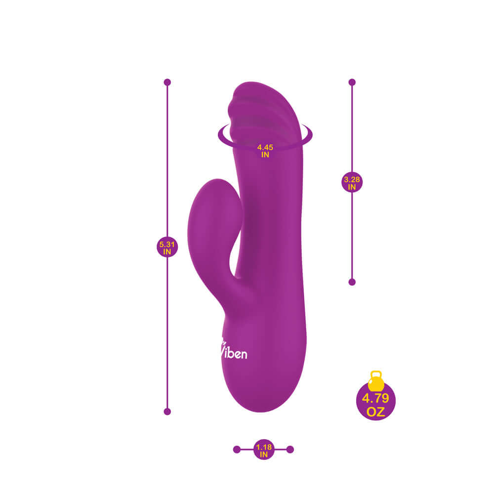 Viben Jolie mini rabbit vibe dimensions: 4.45 in height, 1.8 in width, weighs 4.79 oz, soft silicone design.