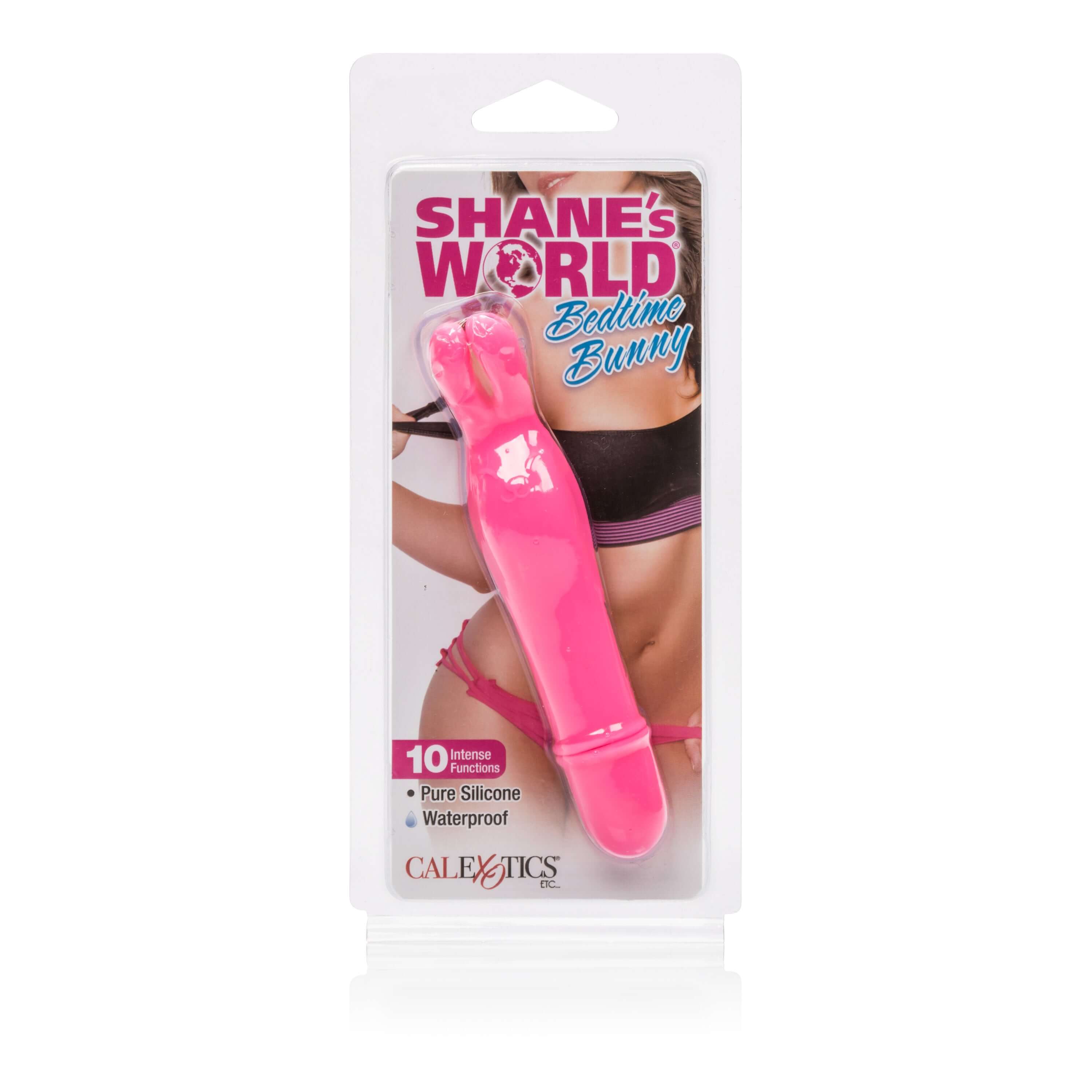 Shanes World Bedtime Bunny Vibrator Pink in packaging with features highlighted such as waterproof and pure silicone.