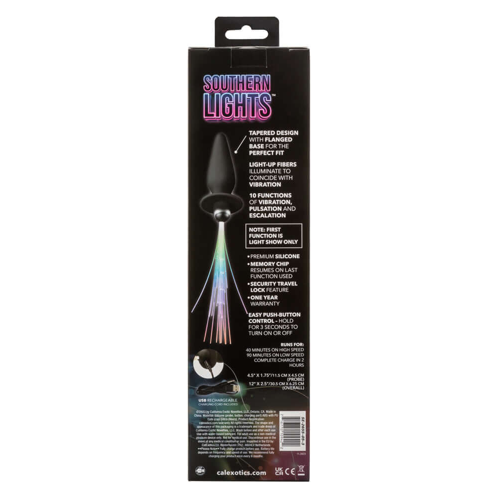 Packaging of Southern Lights Vibrating Light Up Anal Probe highlighting features and design.
