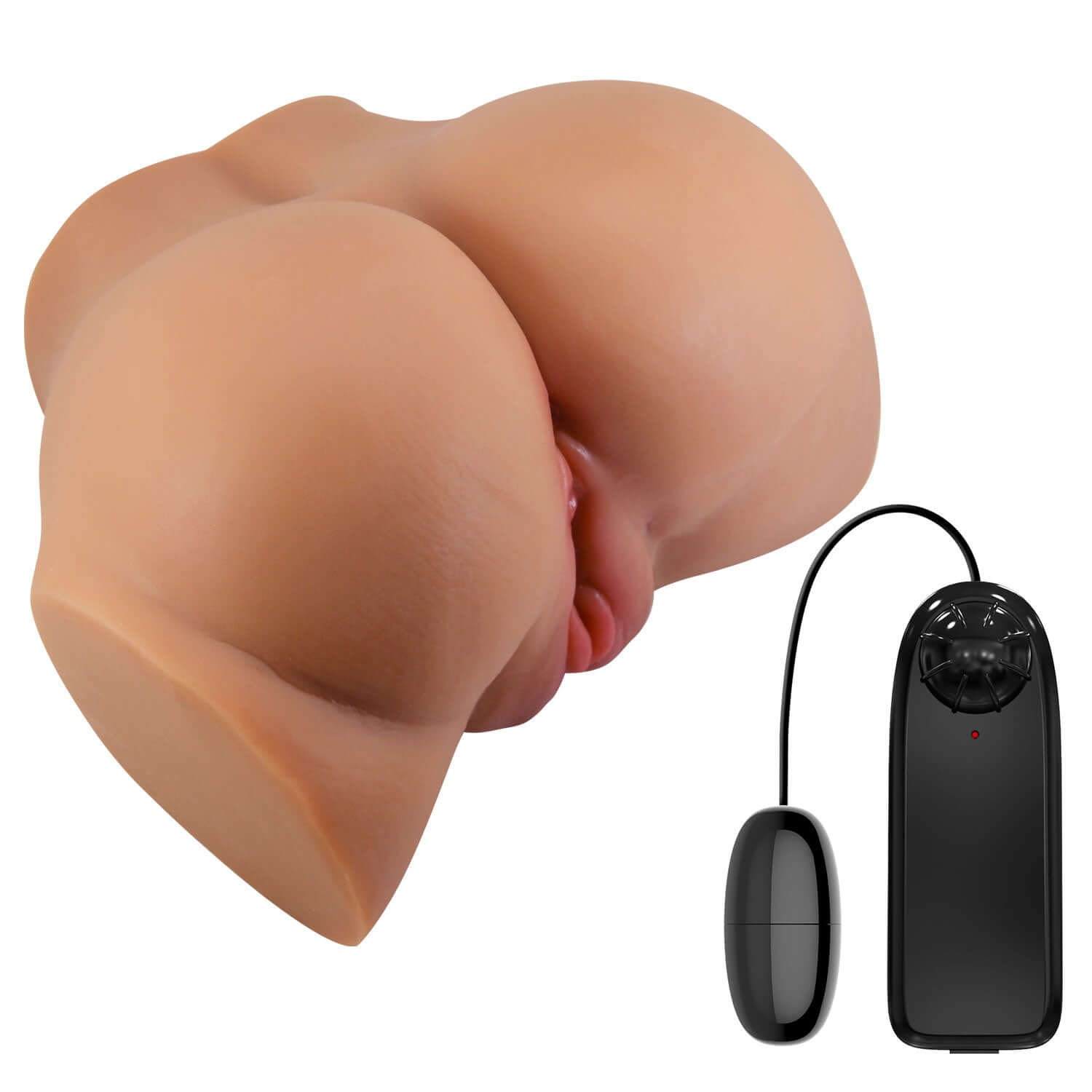 Emilia Realistic Vagina & Ass Vibrating Masturbator Tan with remote control, highlighting dual-entry design.