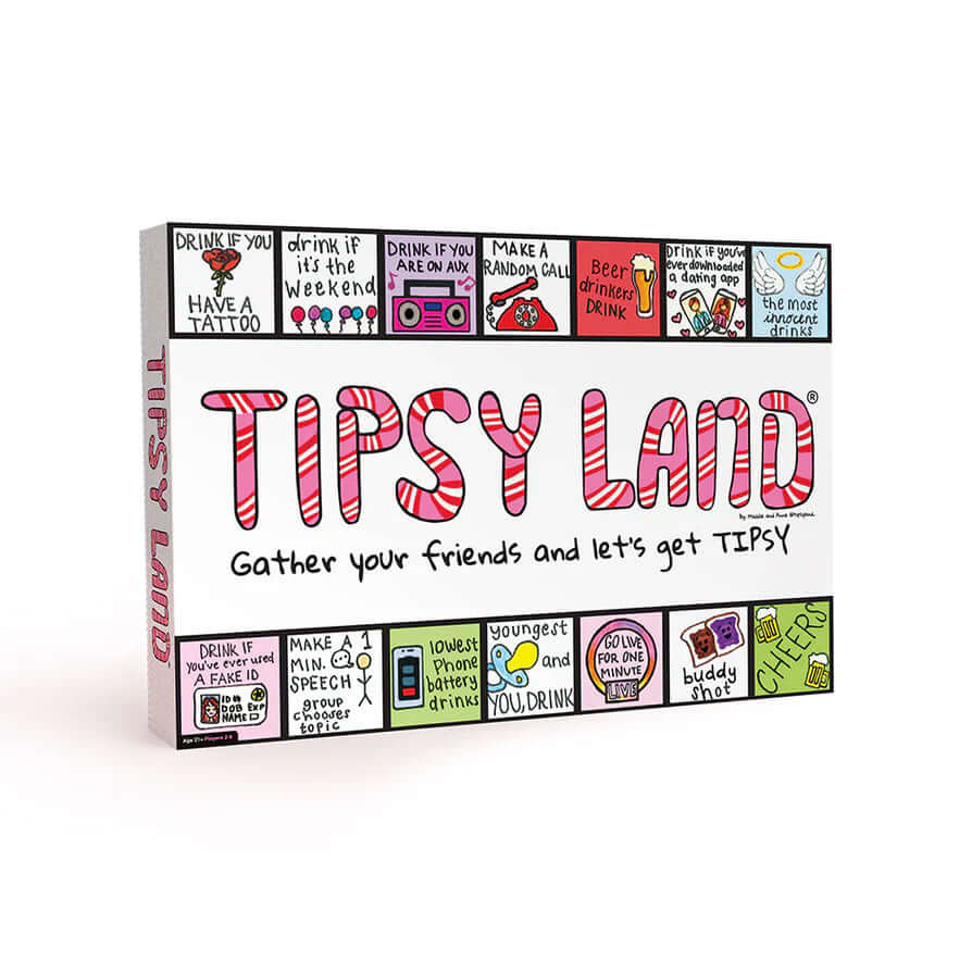 Tipsy Land Board Drinking Game box with colorful game instructions and vibrant design for party fun.