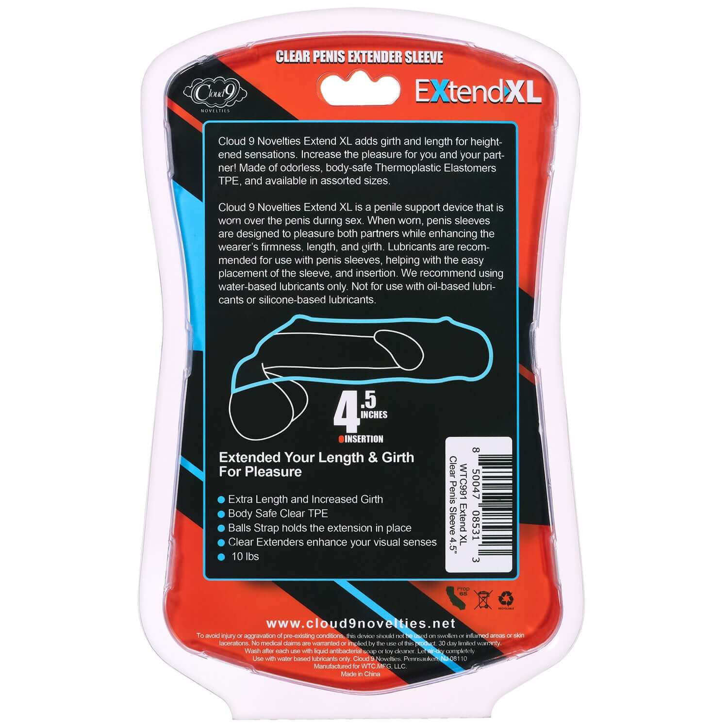 Extend XL Penis Sleeve 4.5 inches Clear packaging showing design and features for enhanced pleasure.