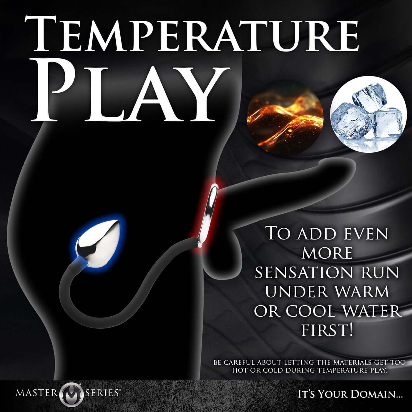 Tug Plus Plug Cock and Ball Ring with Anal Plug, temperature play for added sensation, Master Series black intimate toy for men