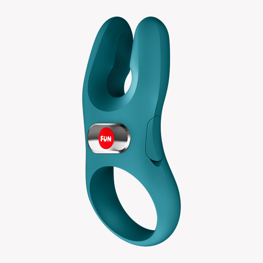 Fun Factory Nos Classic Vibrating Cock Ring Green featuring ergonomic design and dual-motor stimulation for enhanced pleasure.