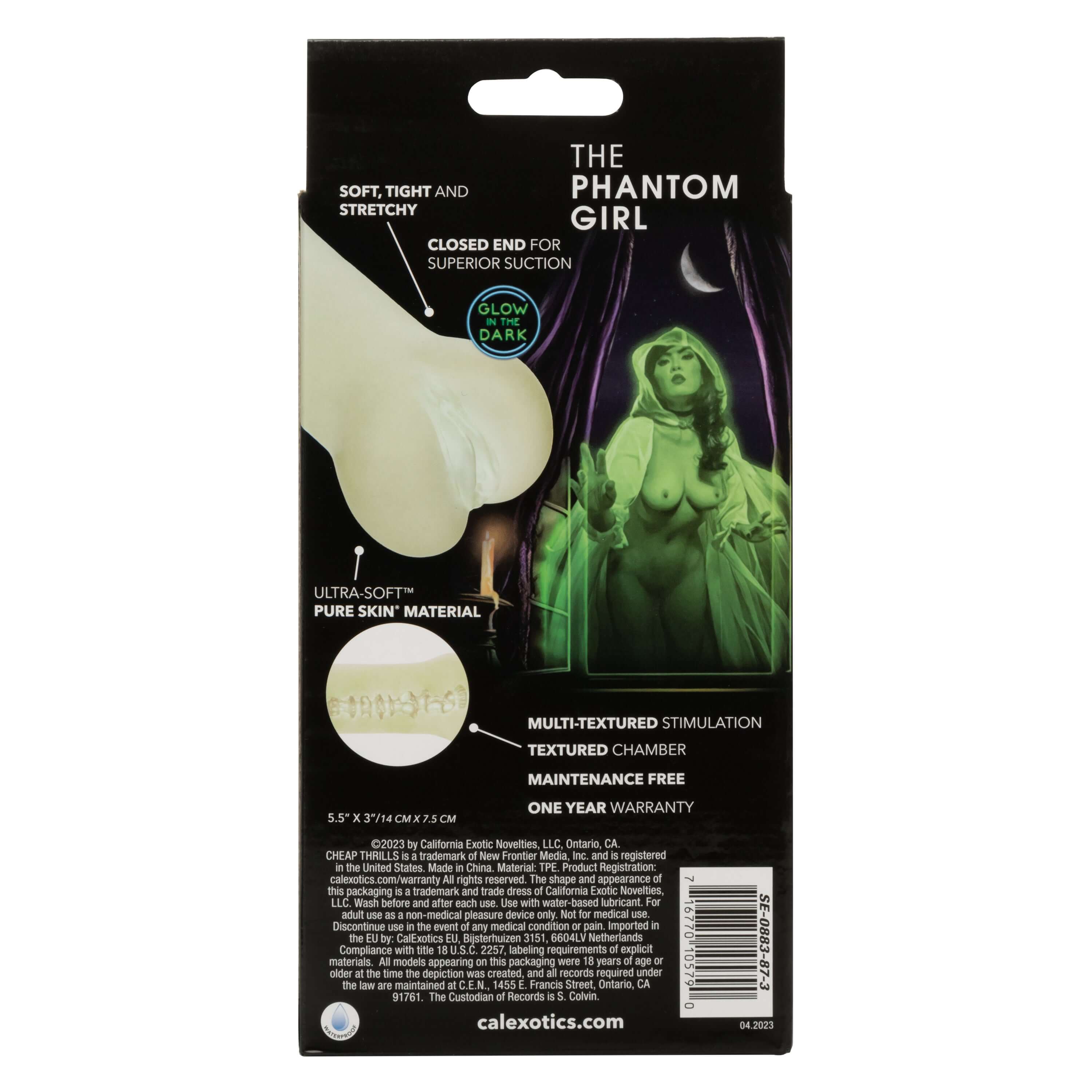 Back packaging of Cheap Thrills The Phantom Girl, showcasing soft material, glow-in-the-dark feature, and textured chamber.