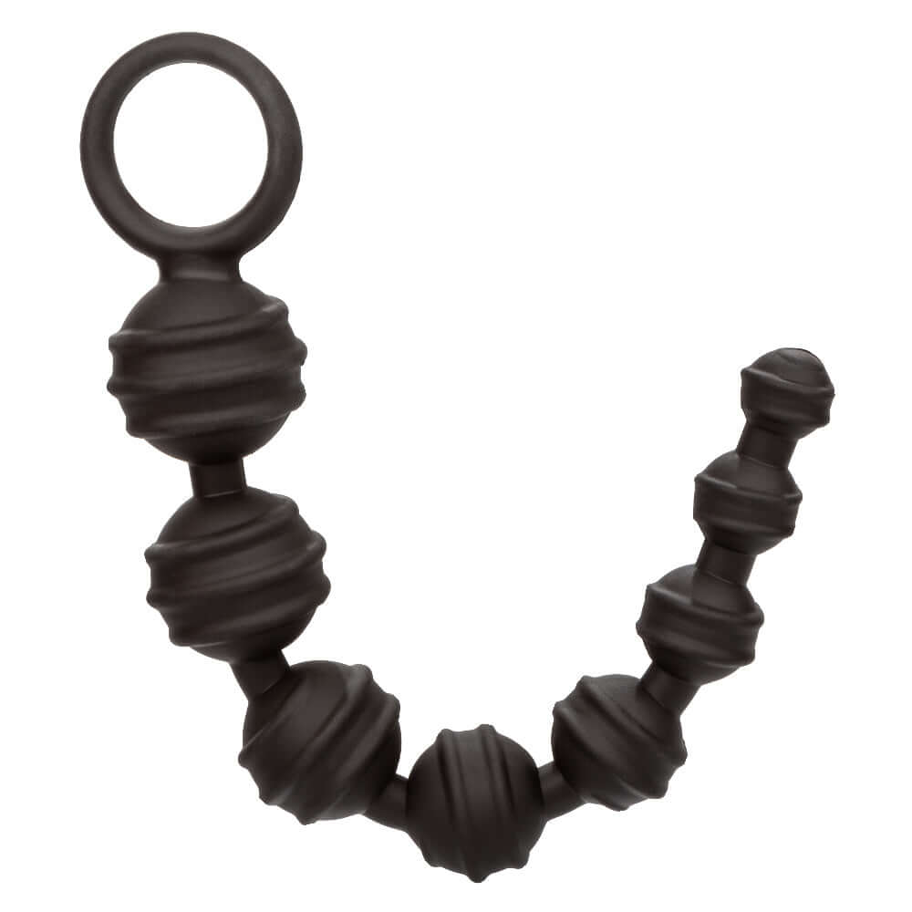 Colt Power Drill Balls - Black silicone anal beads with ribbed texture and easy grip pull ring for enhanced anal sensation.