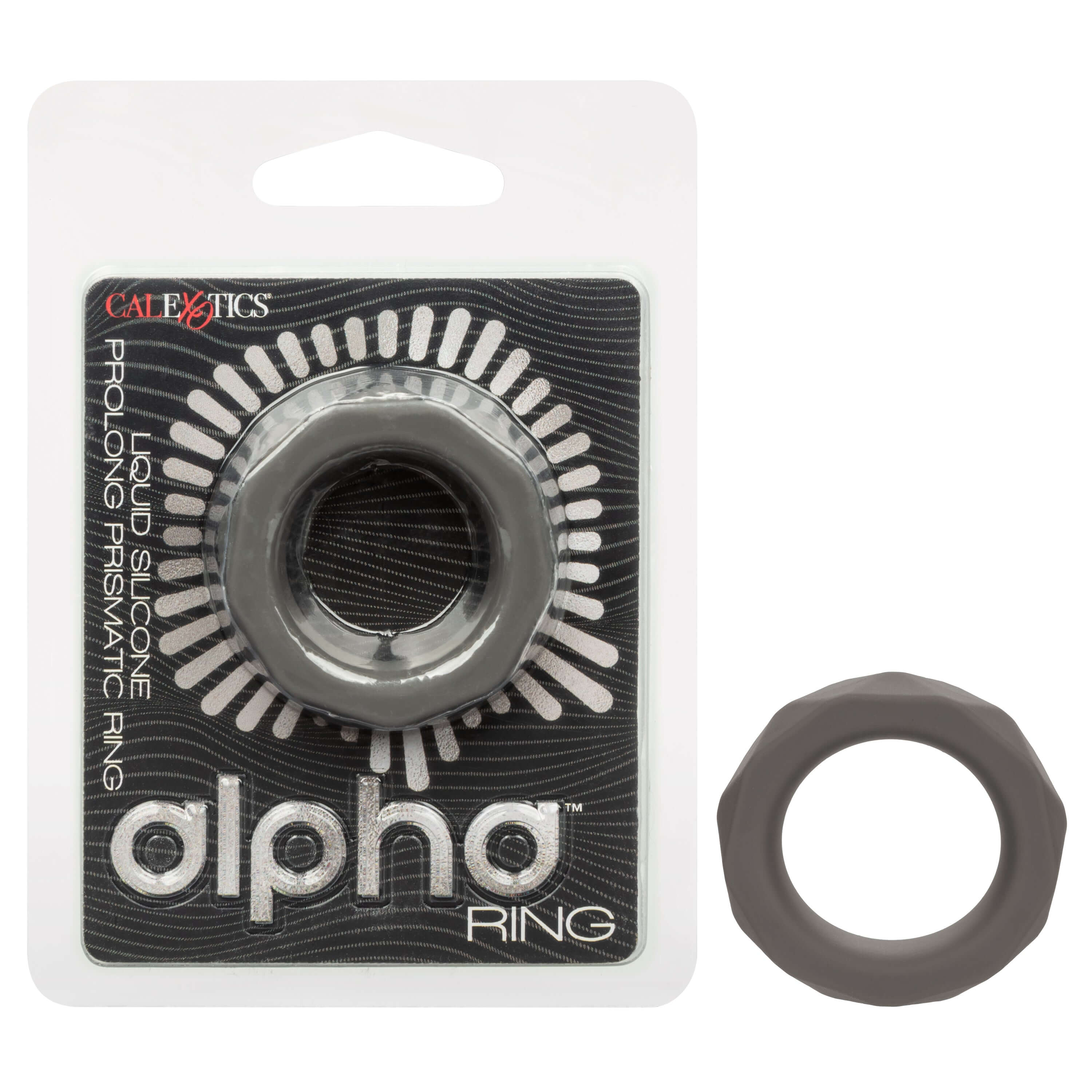 Alpha Liquid Silicone Prolong Prismatic Ring Gray in packaging with a flexible design for enhanced performance.