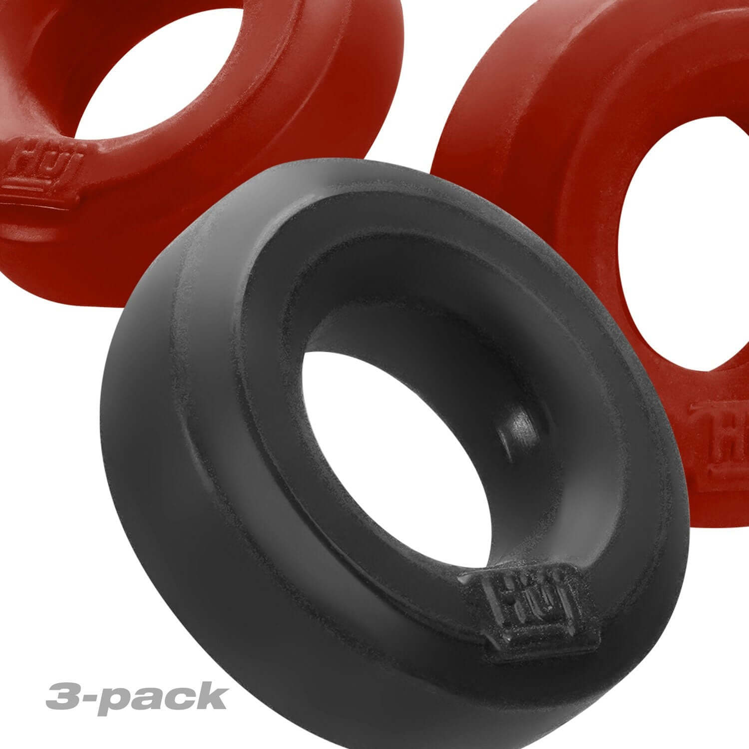 Hunkyjunk HUJ3 Silicone C-Rings 3 Pack Cherry Tar featuring red and black C-rings in a durable design.