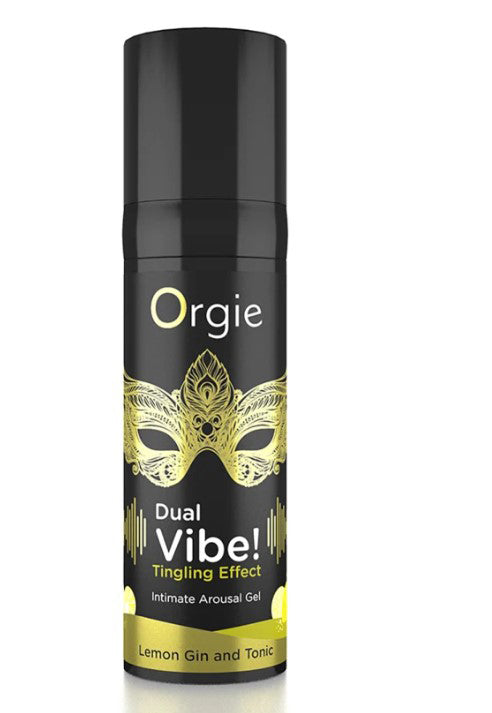 Orgie Dual Vibe Gin & Tonic Lemon Kissable Liquid Vibrator 15 ml bottle with a sleek design and intimate arousal gel formula.