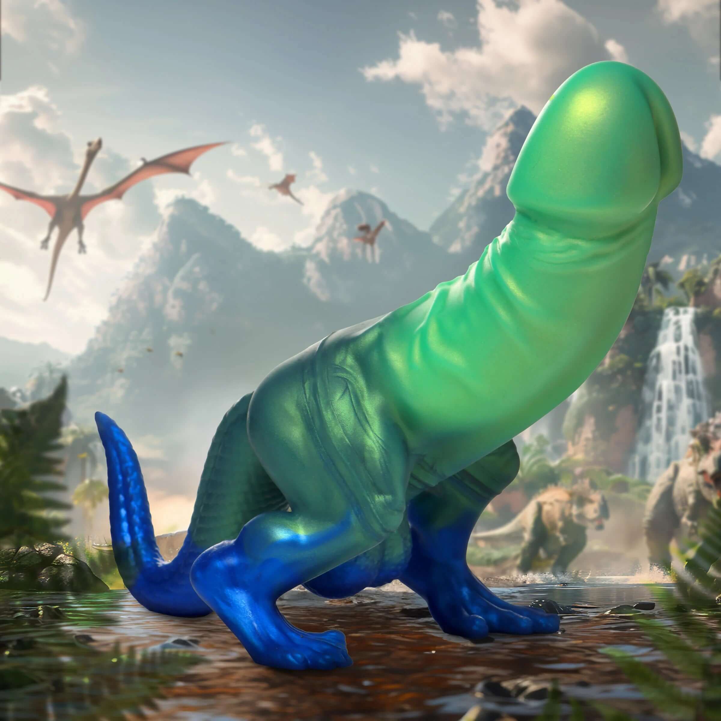 Jurassic Cock Dinosaur Silicone Dildo in green and blue with glittering colors, featuring a mushroom-tip head, veins, ridge, and dinosaur legs.