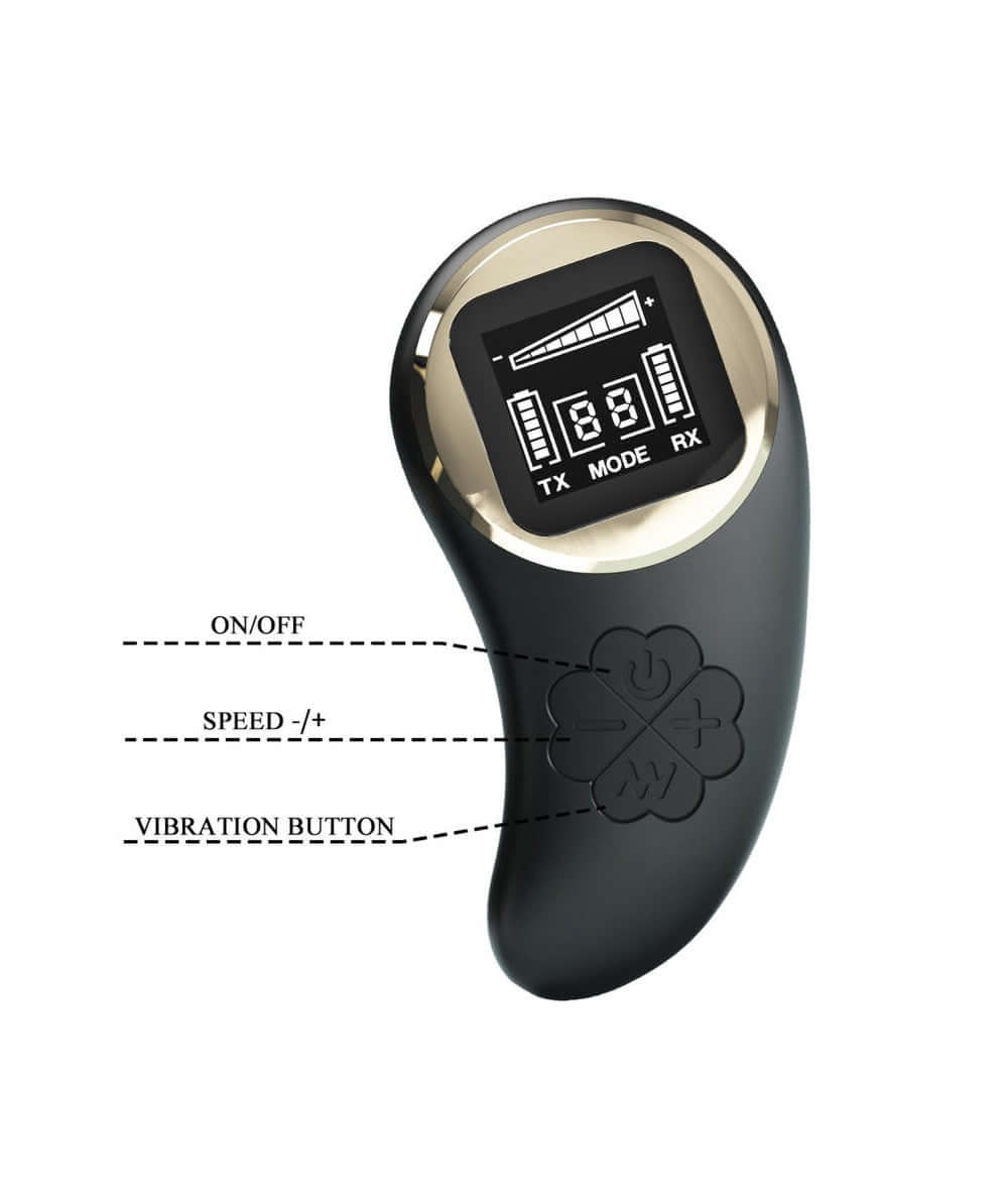 Remote control for Nathan Double Pleasure Vibrator with digital meter, on/off, speed, and vibration buttons.