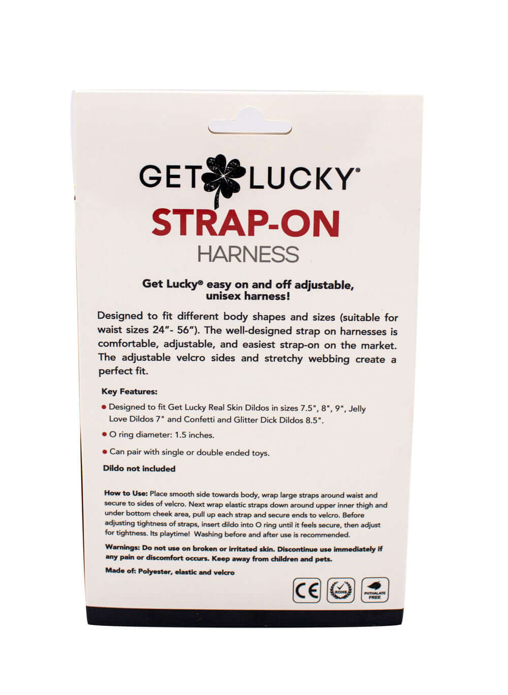 Get Lucky Strap on Harness Black packaging showing adjustable features and compatibility for various body sizes.