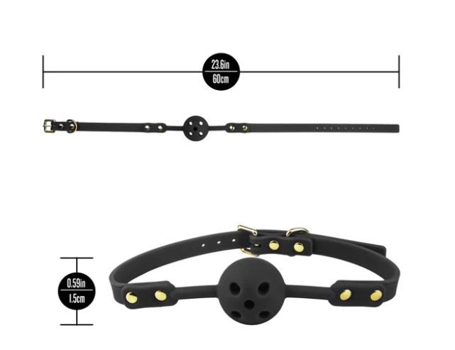 Temptasia Ardor Ball Gag Black with measurements 23.6in length and 0.59in width, showcasing its adjustable design.