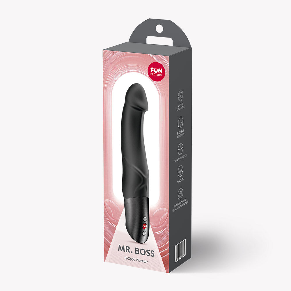 Fun Factory Mr Boss G-Spot Vibrator Black packaging with sleek design and features highlighted.