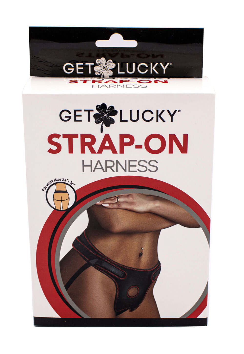 Get Lucky Strap on Harness Black packaging featuring adjustable design for sizes 24″ to 56″.