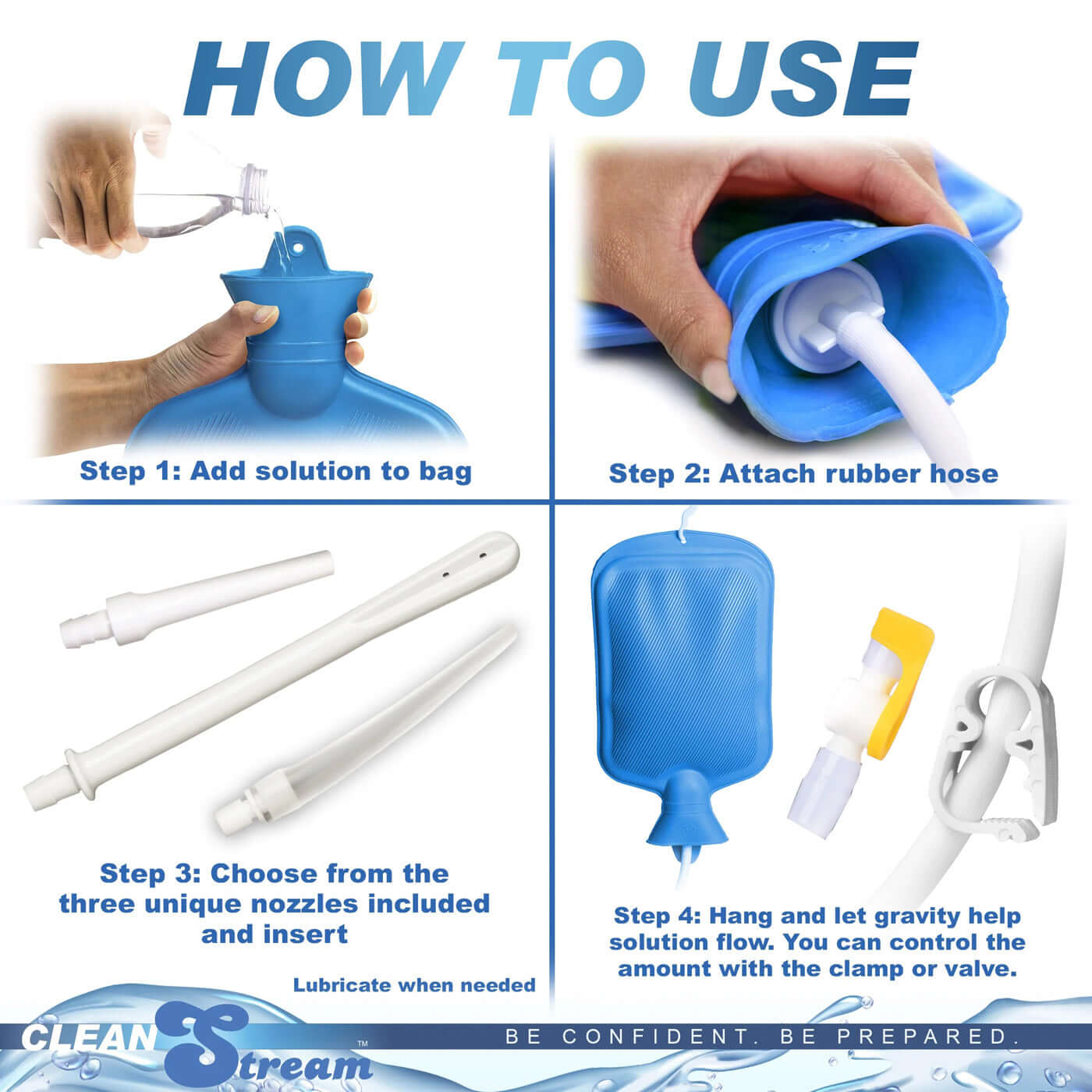 How to use Clean Stream Deluxe Shower Enema Kit Blue with step-by-step instructions and visual guide.