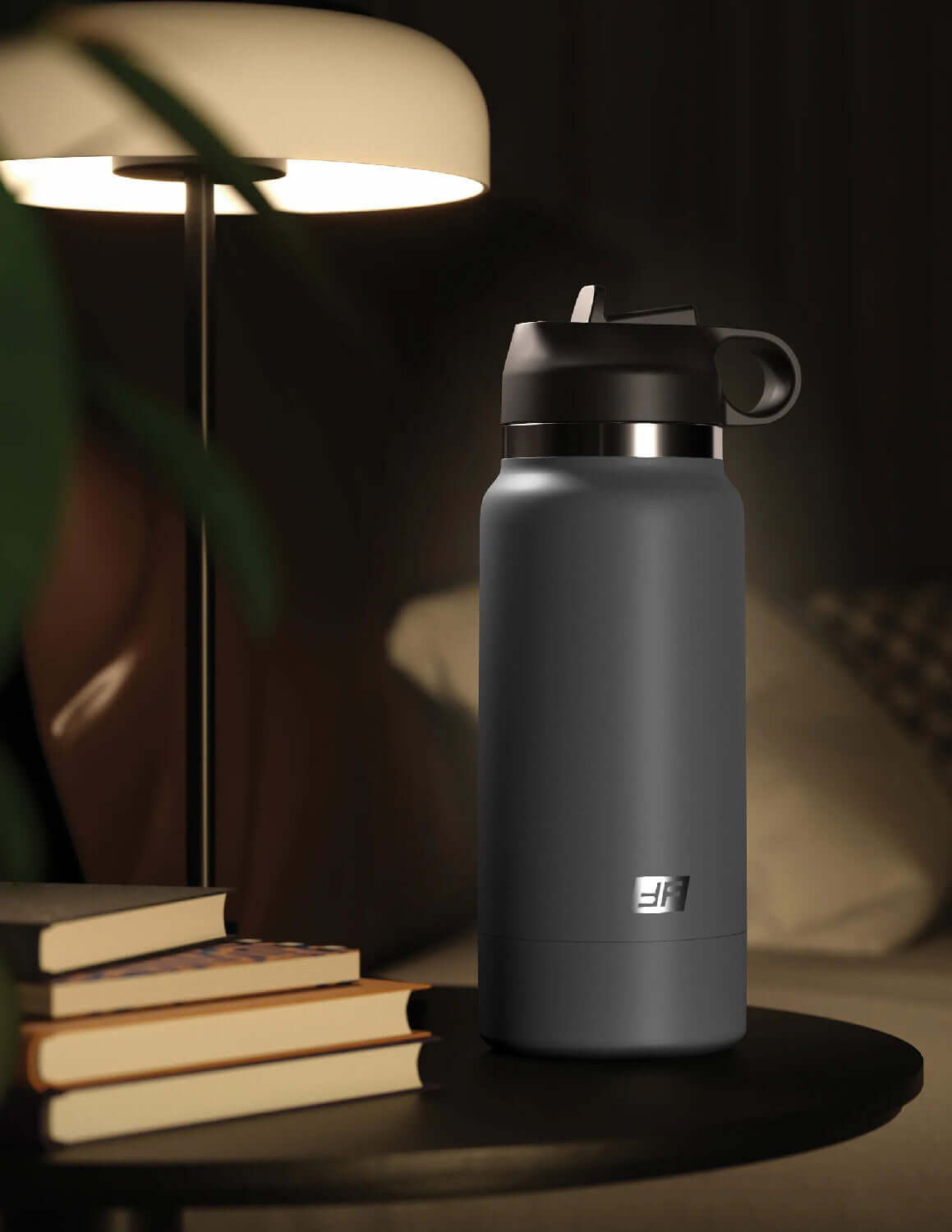 Modern grey reusable water bottle discreetly blending in bedroom setting with books and lamp nearby.