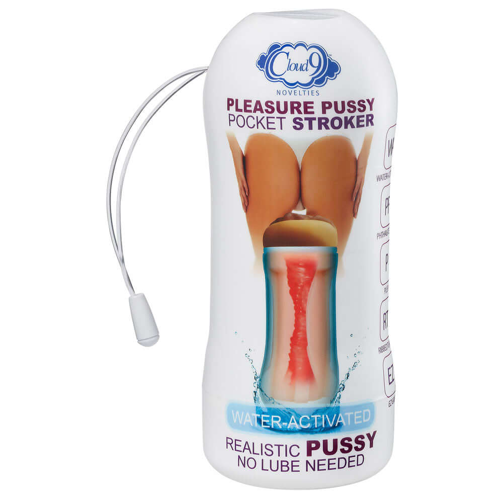 Pleasure Pussy Pocket Stroker Water Activated Tan with realistic design and no lube needed for convenience.