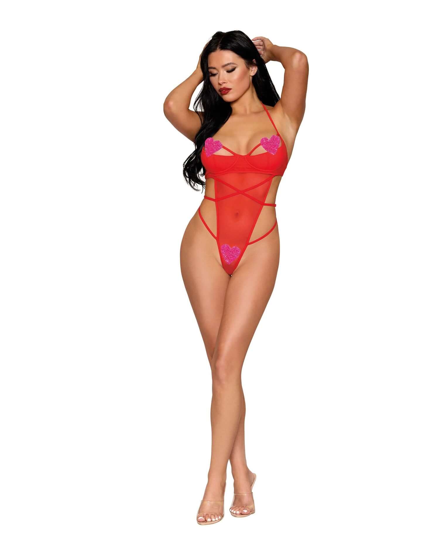 Dreamgirl Teddy One Size Red lingerie with strappy details, 90% nylon and 10% spandex, fits most 90-160 lbs, modeled on a background.