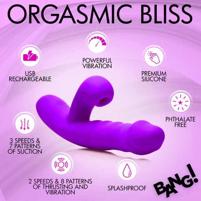 Bang Thrusting and Sucking Rabbit Vibrator Purple features powerful vibration, USB rechargeable, made of premium silicone.