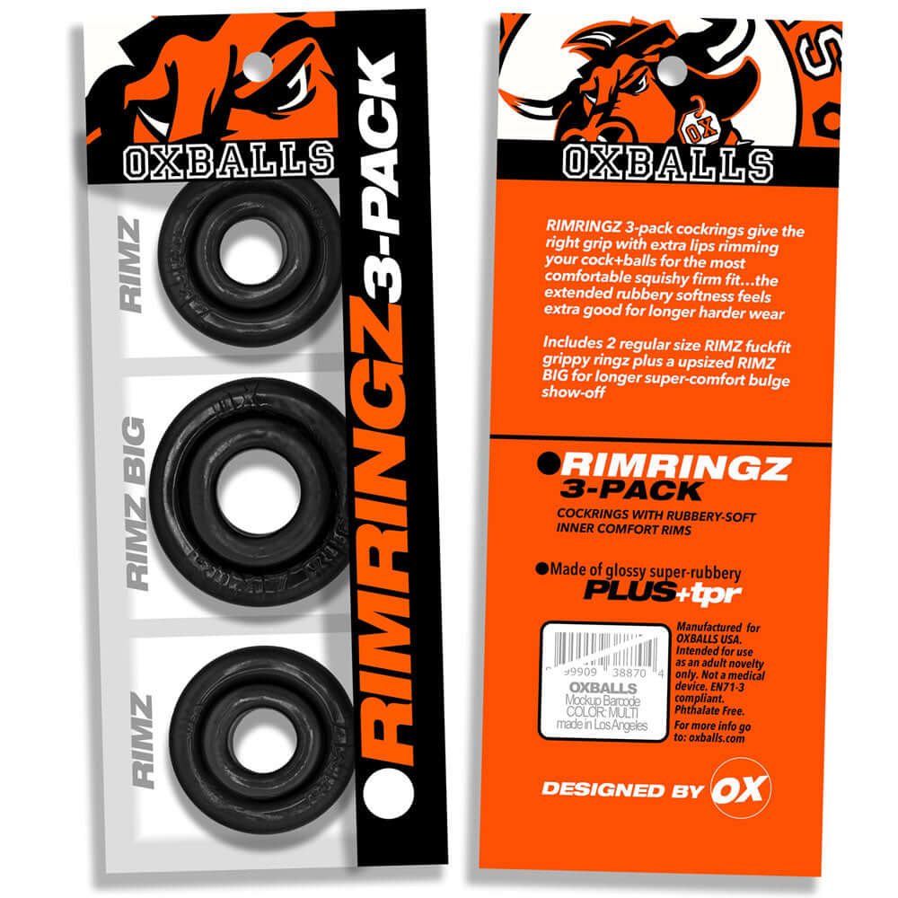 Oxballs Rimrings Multi Size Cockrings 3 Pack Black featuring three black cockrings for enhanced performance and comfort.
