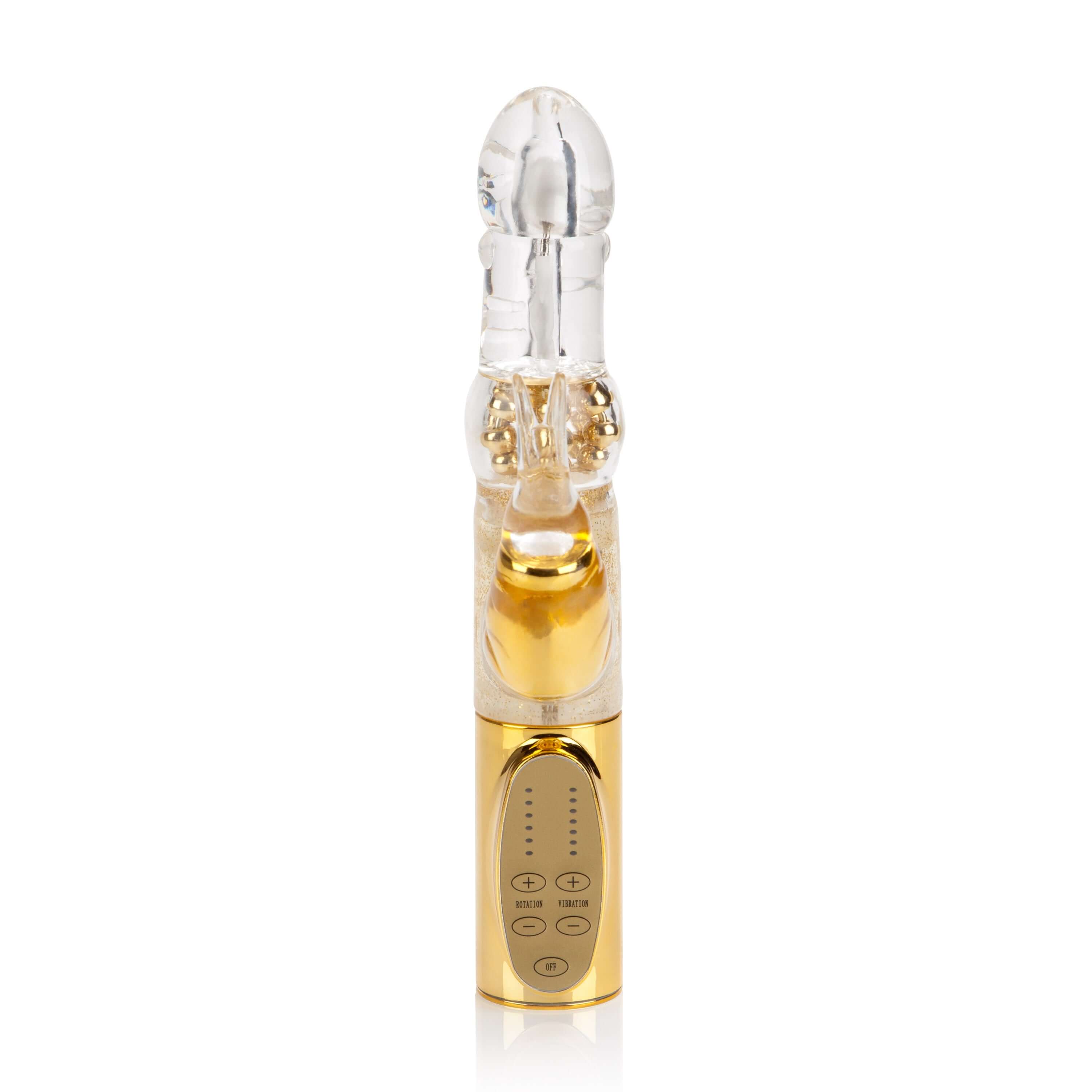 Platinum Jack Rabbit Vibrator Gold featuring clear shaft and gold base with advanced stimulation settings.