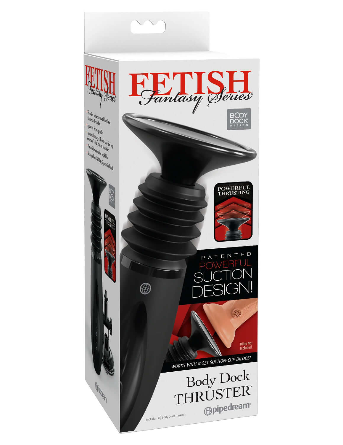 Body Dock Thruster in black packaging showing powerful suction design and thrusting capability with Fetish Fantasy Series branding.