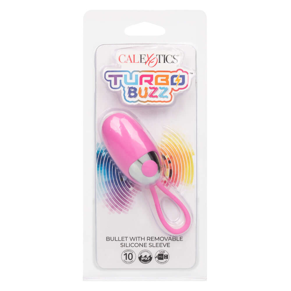 Pink Turbo Buzz Bullet Vibrator with Removable Silicone Sleeve in packaging, featuring 10 functions.