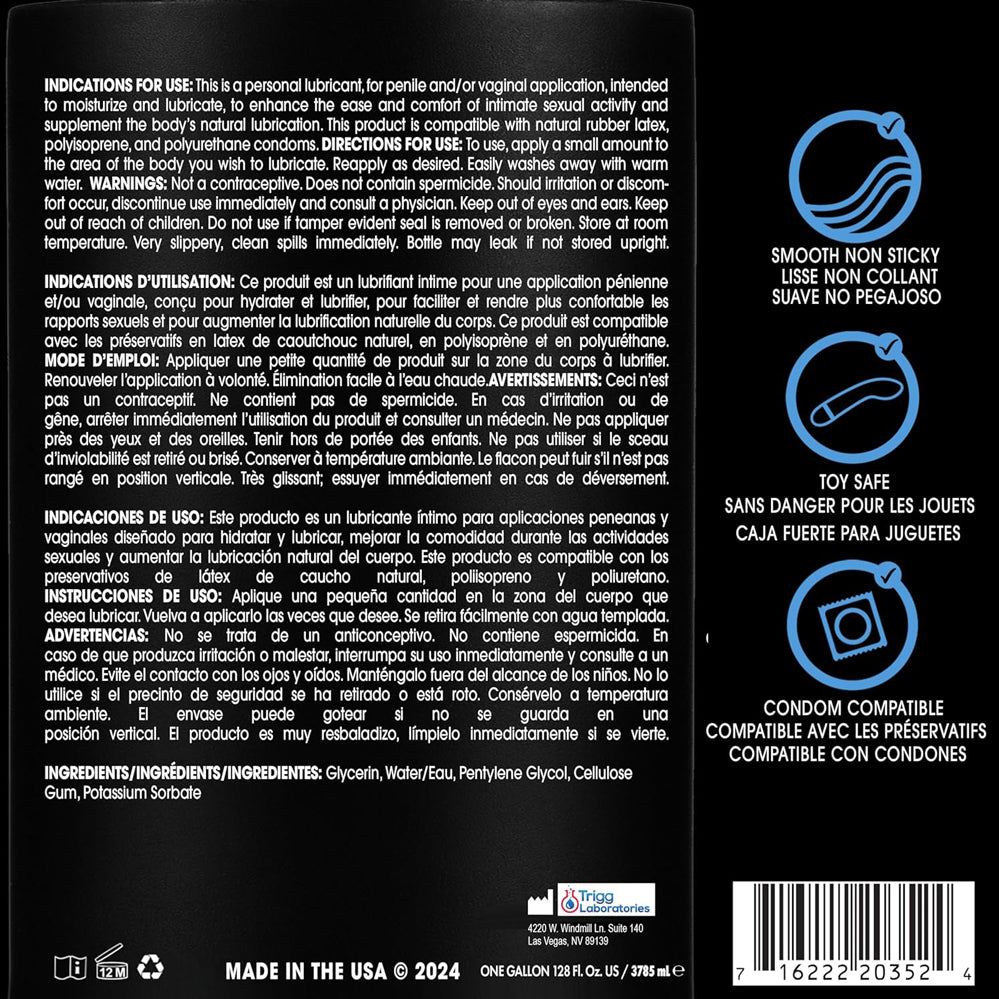 Wet Original Water Based Lubricant 128 Oz packaging showing use indications and ingredients for a silky smooth experience.