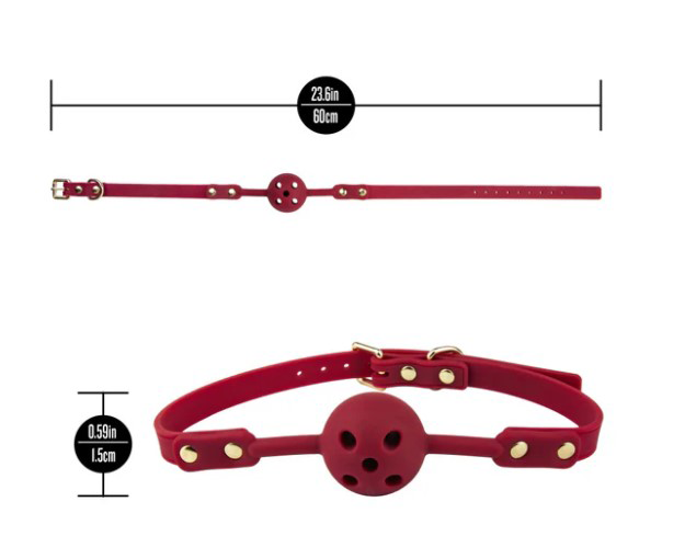 Temptasia Ardor Ball Gag Red displayed with measurements highlighting its design and adjustability.