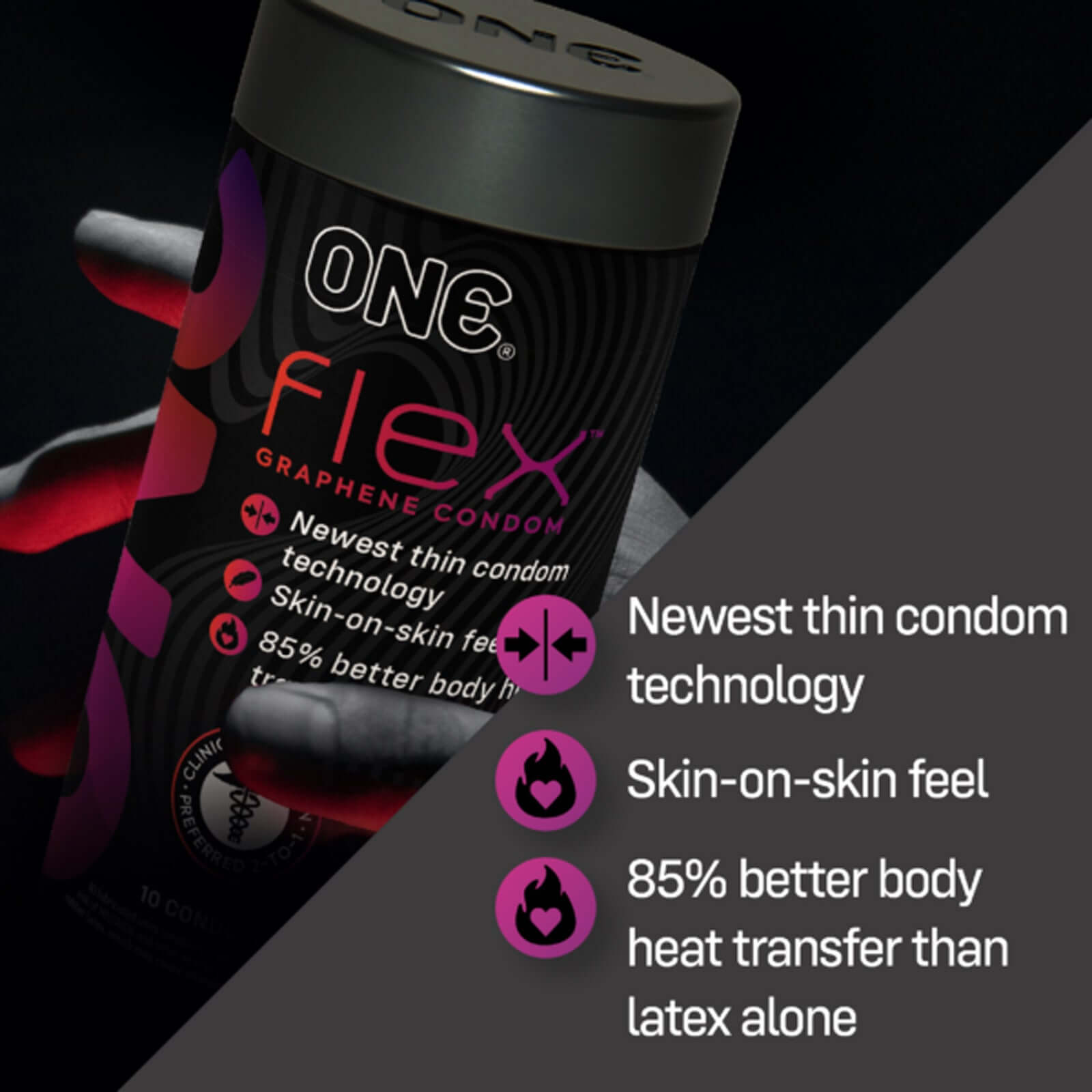 One Flex Graphene Condoms with superior thin technology, skin-on-skin feel, and 85% better body heat transfer than latex.