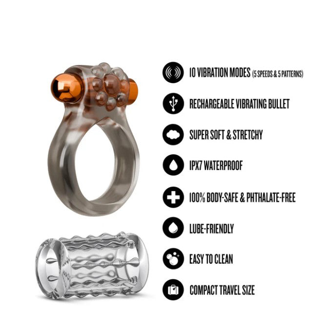 Blush Stay Hard Vibrating Cock Ring Set With Sleeve showcasing a soft stretchy ring and textured sleeve with bullet features.