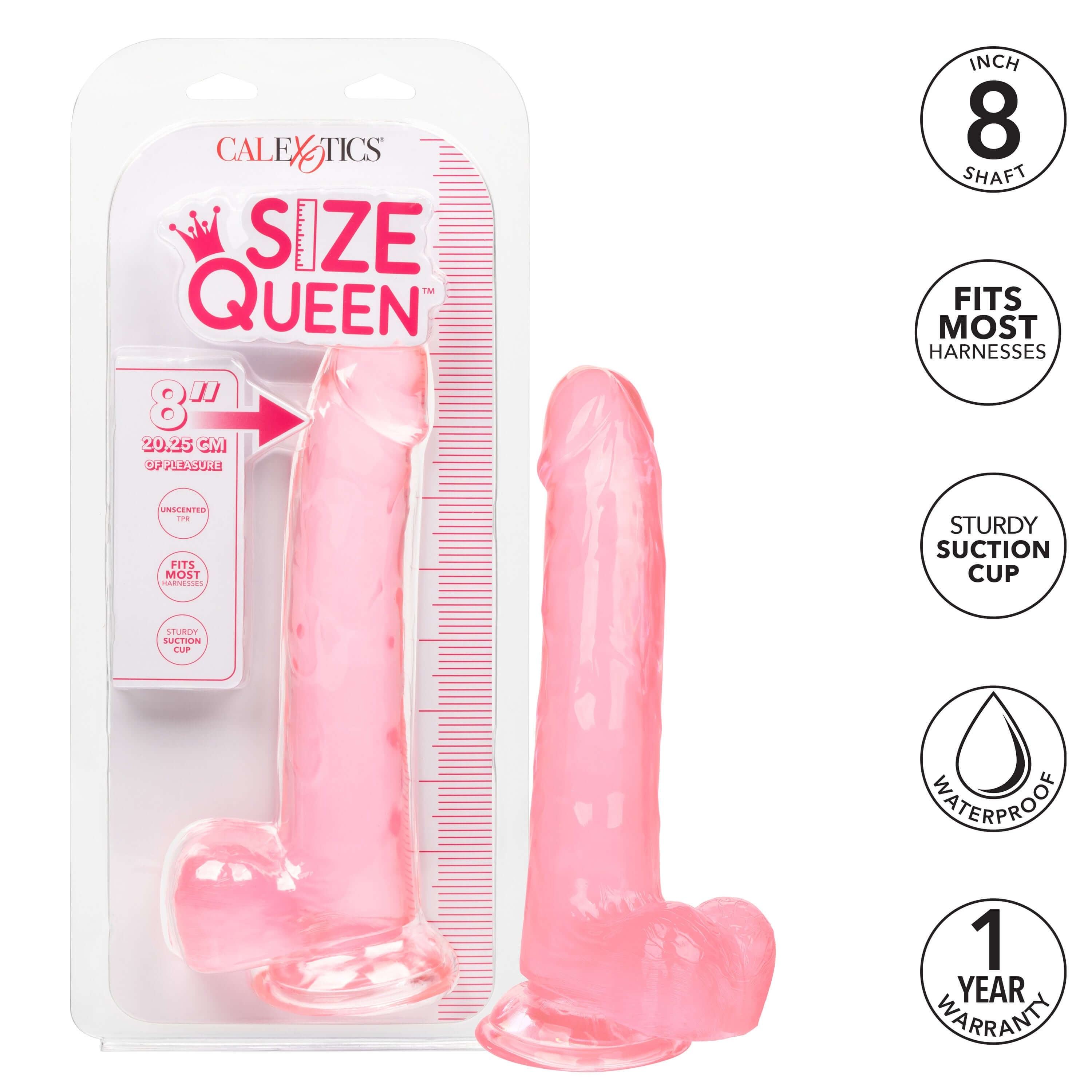 Size Queen Dildo 8 Inches Pink in packaging, showcasing realistic design and sturdy suction cup.