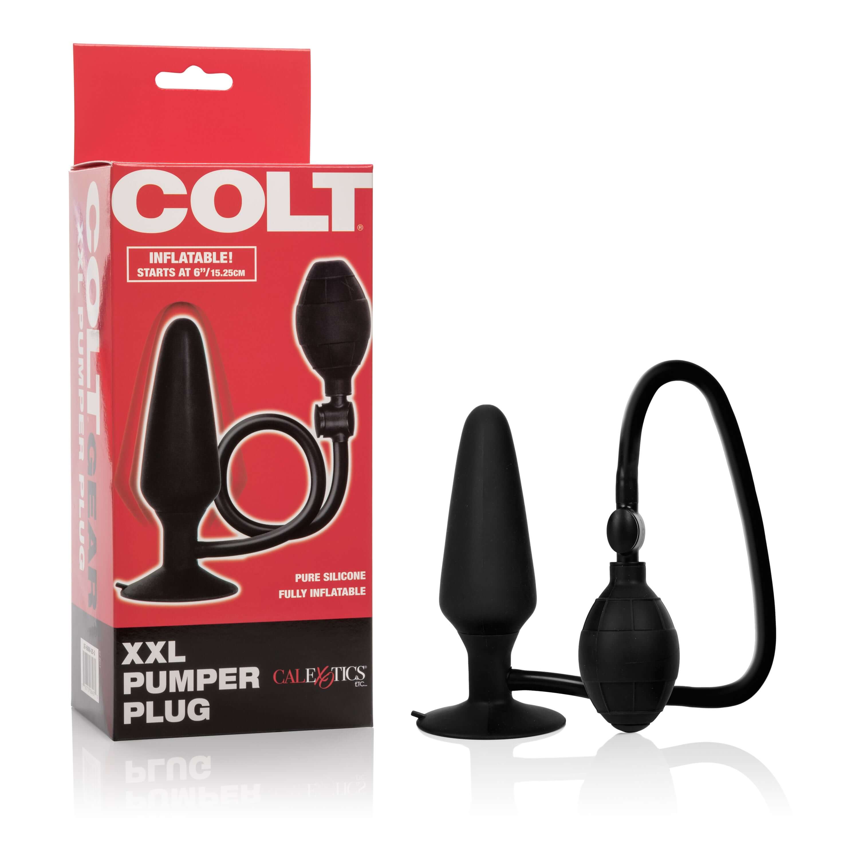 Colt XXL Pumper Inflatable Plug Black with packaging showcasing its adjustable design for enhanced pleasure.