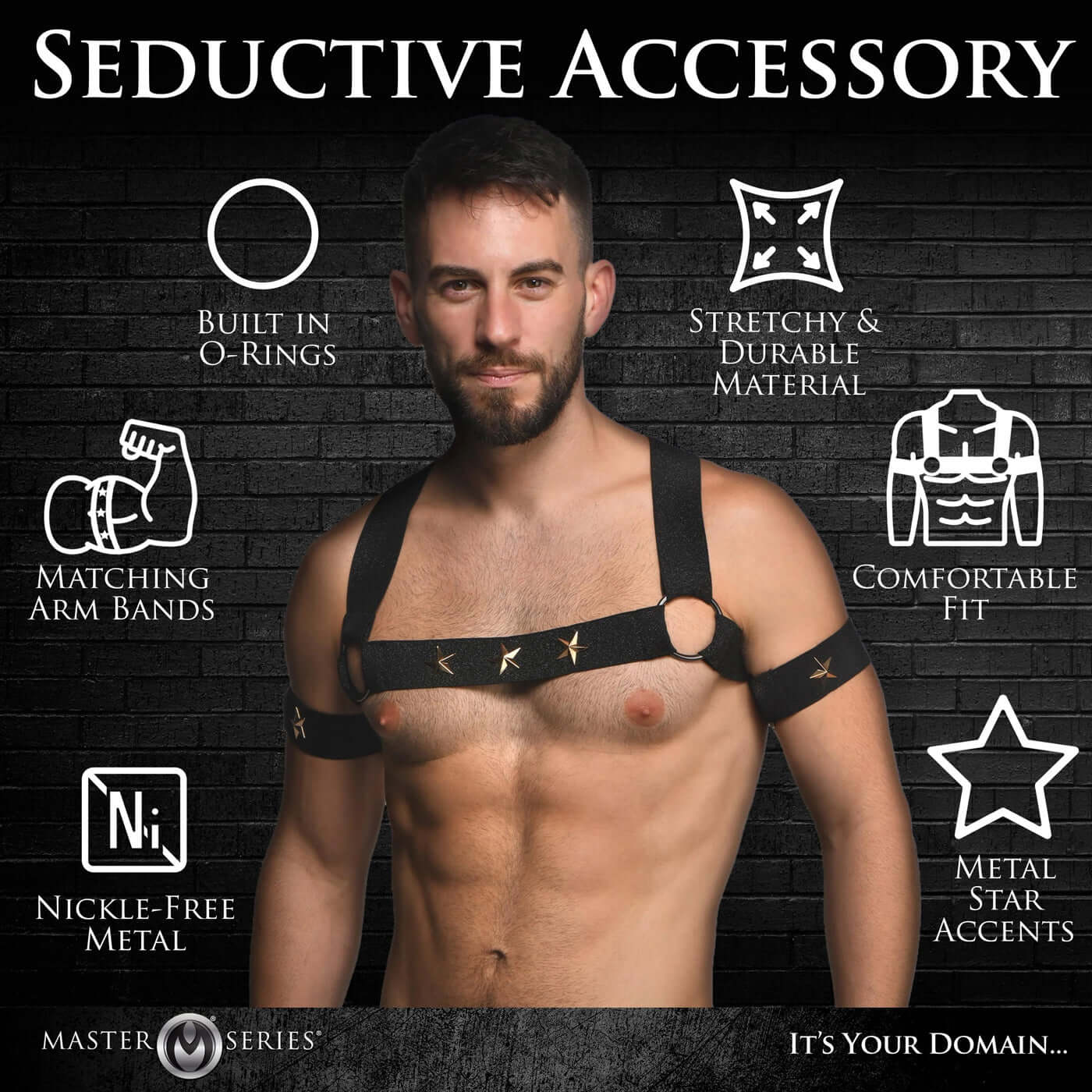 Male model wearing Star Boy Chest Harness with metal stars and matching armbands, showcasing stretchy and durable material for a comfortable fit