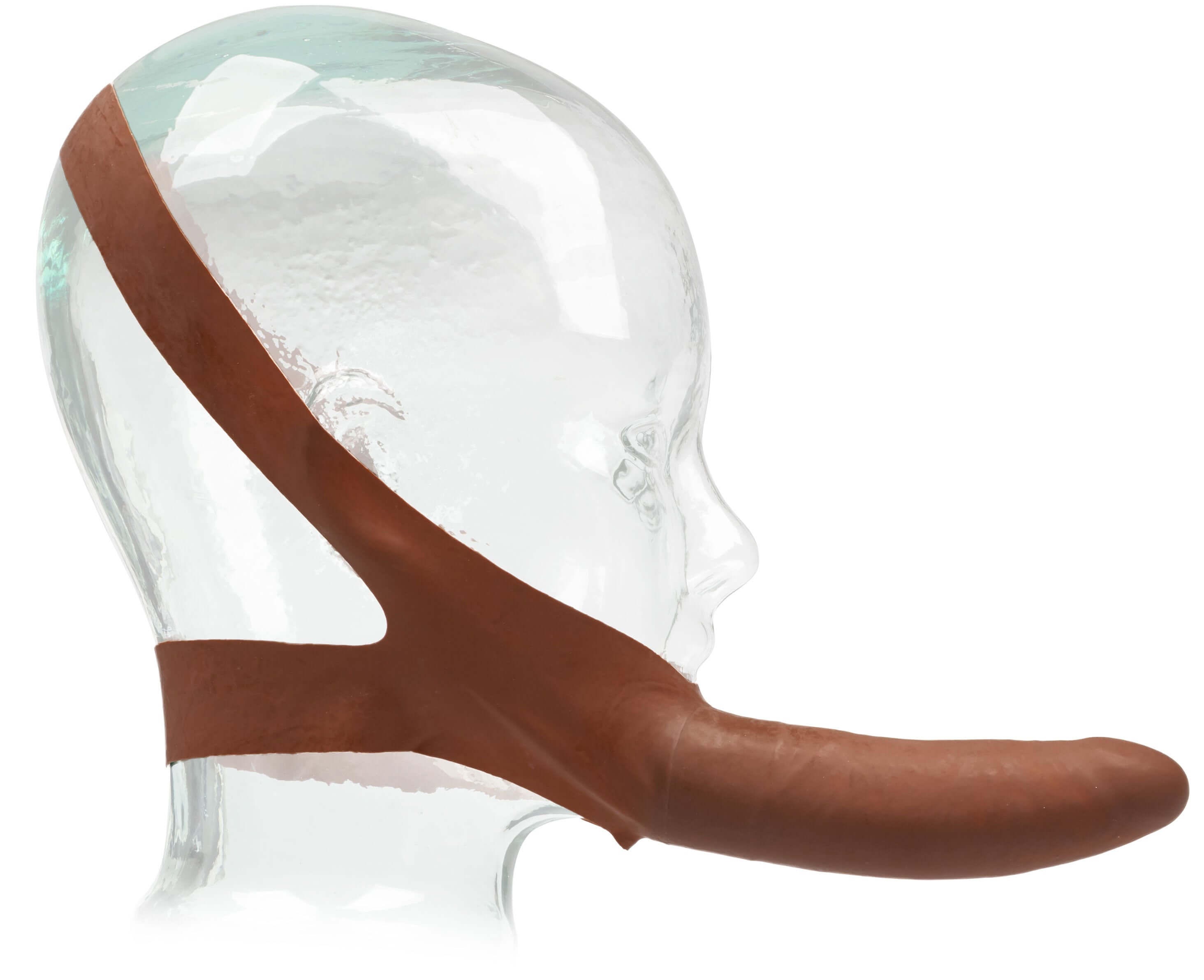 The Original Accommodator Latex Dong Brown on a mannequin showcasing its hands-free design and flexibility.