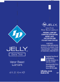 ID Jelly Extra Thick Water-Based Lubricant 2ml Tubes 72 Pc Jar packaging with product details and ingredients.