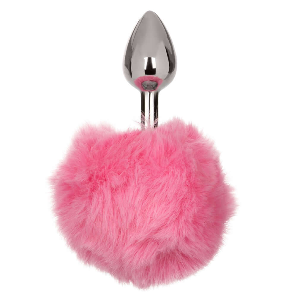 Pink furry bunny tail anal plug with sleek metallic probe