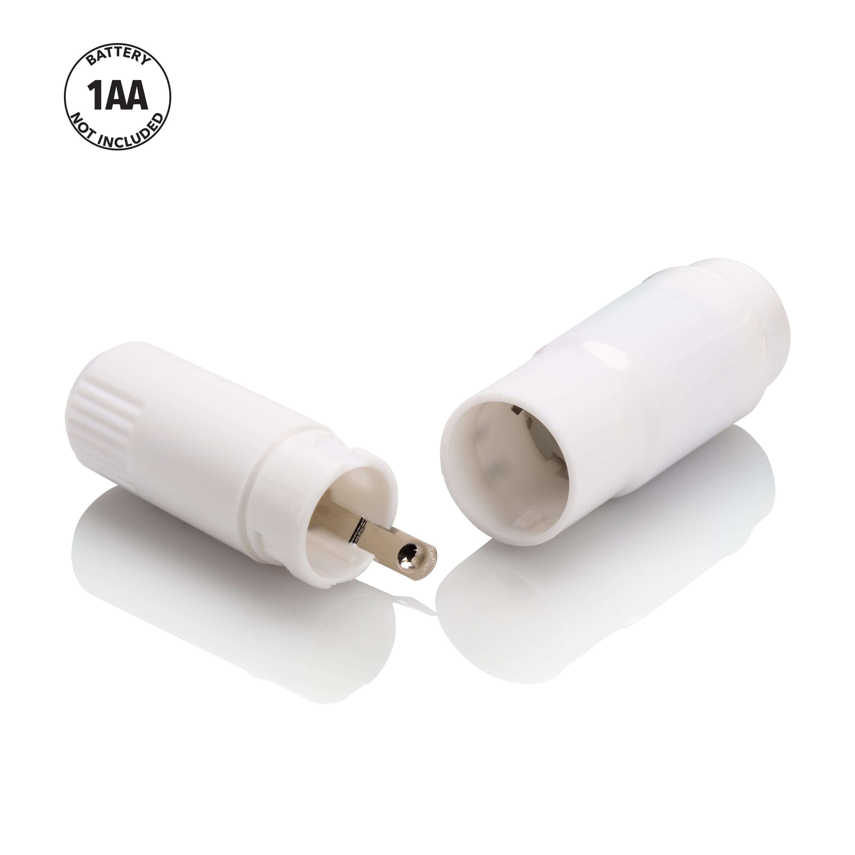 Compact Waterproof Personal Massager With 4 Tips White battery compartment for easy use, requires 1 AA battery.