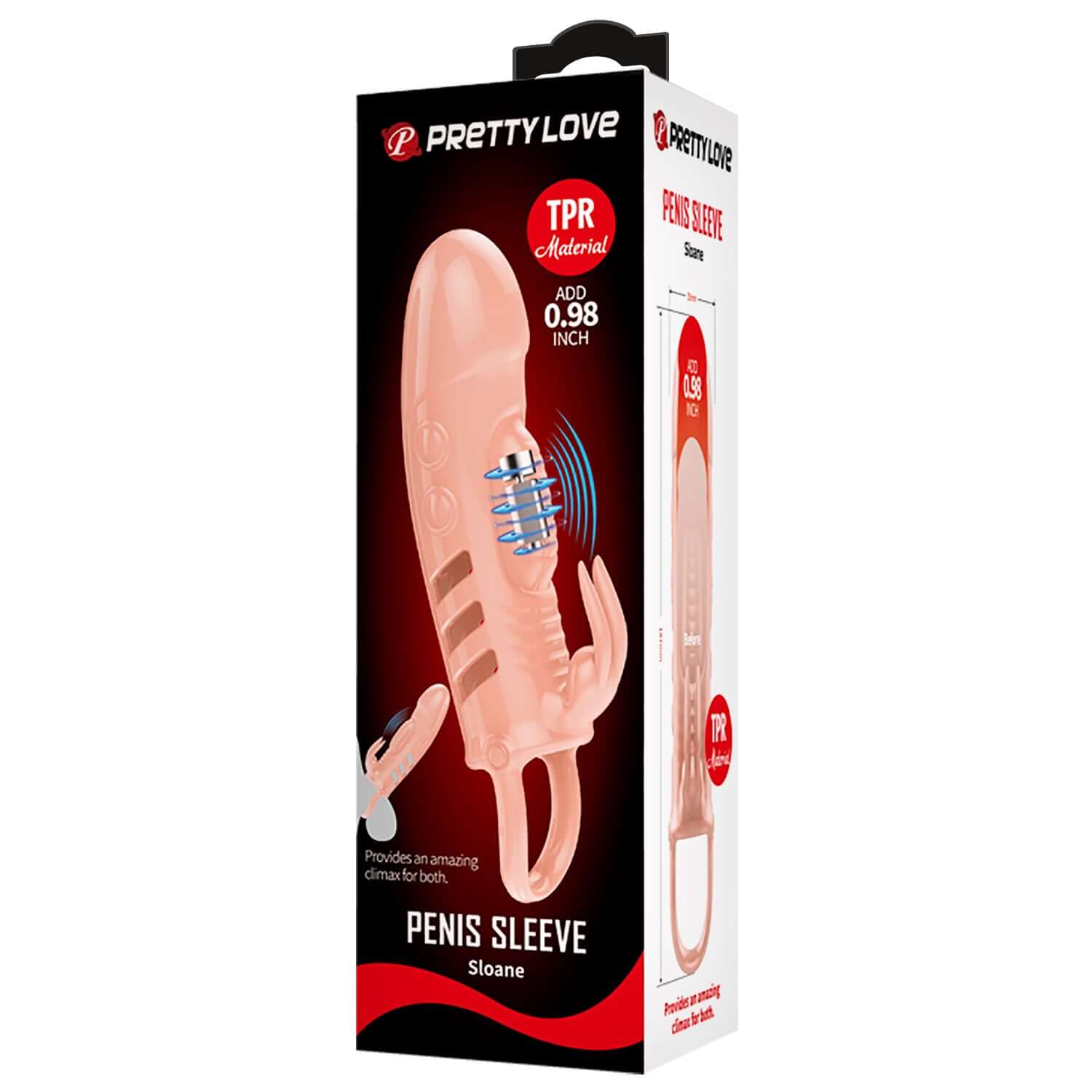 Pretty Love Penis Sleeve Sloane Flesh packaging showcasing versatile vibraing cock sleeve for enhanced stimulation.