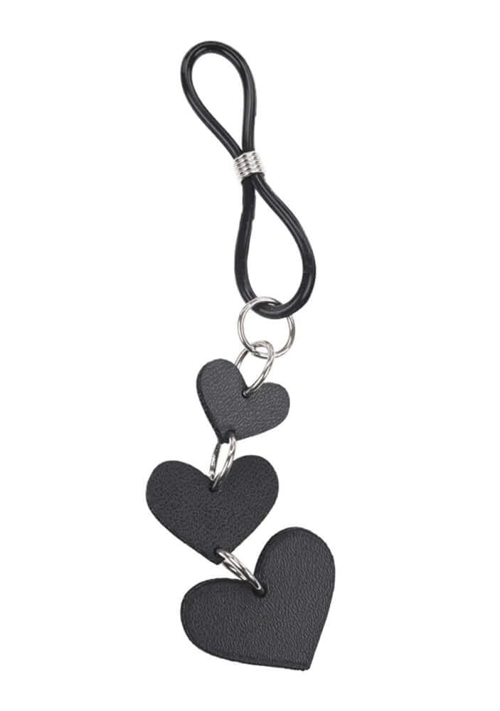 Sex & Mischief Heart Nipple Ties Black with three connected heart designs in black leather.