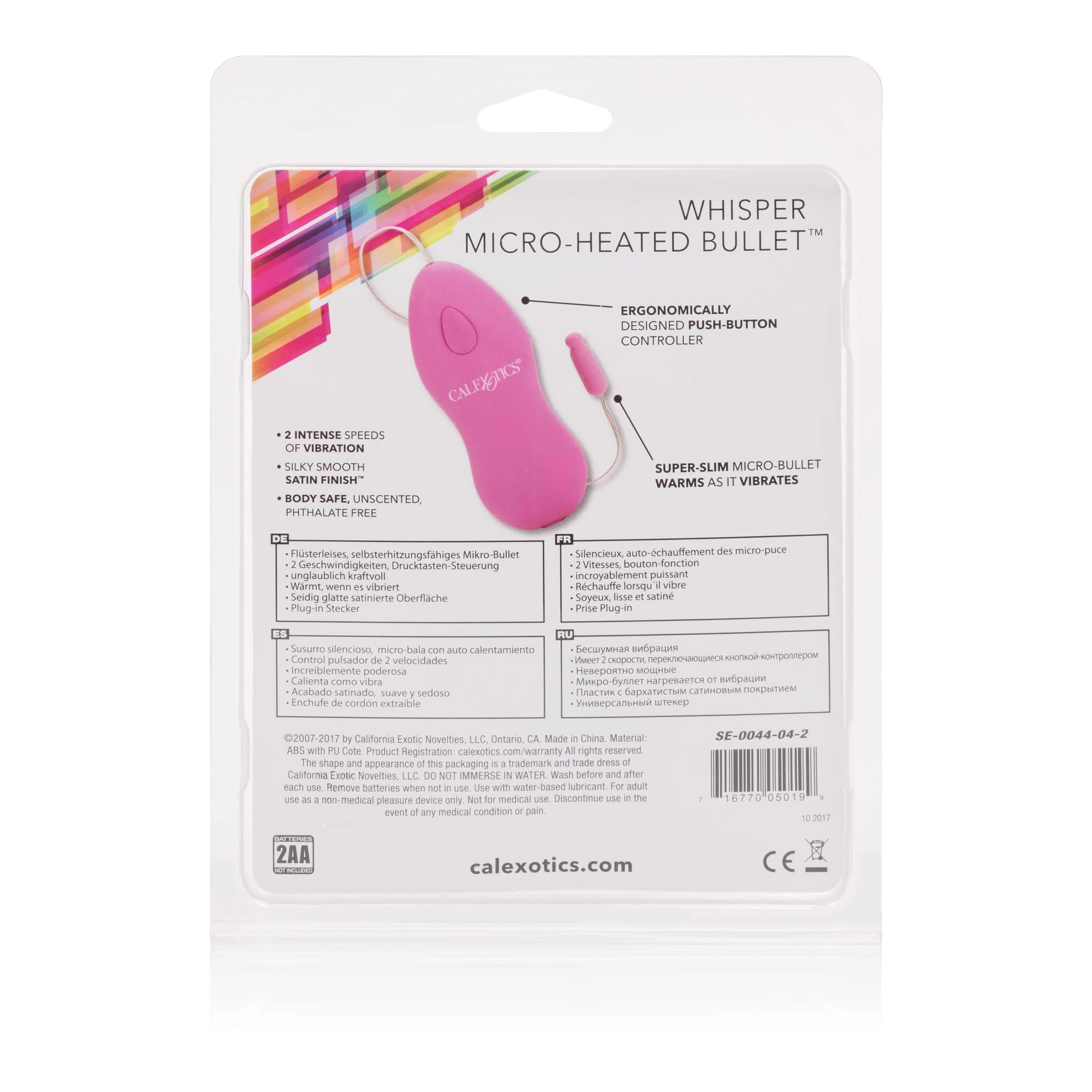 Whisper Micro Heated Bullet Vibrator Pink back packaging showing design and features.