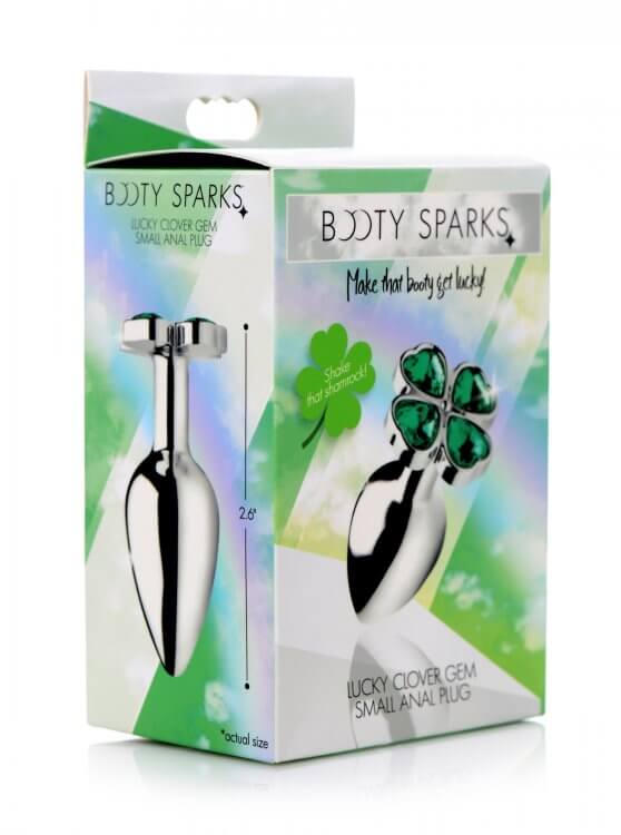 Lucky Clover Gem Anal Plug Small Booty Sparks packaging featuring elegant design and clover gem decoration.