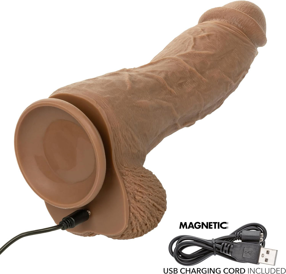 Silicone Rechargeable Big Dick Energy Studs Vibrator Brown with USB charging cord included.
