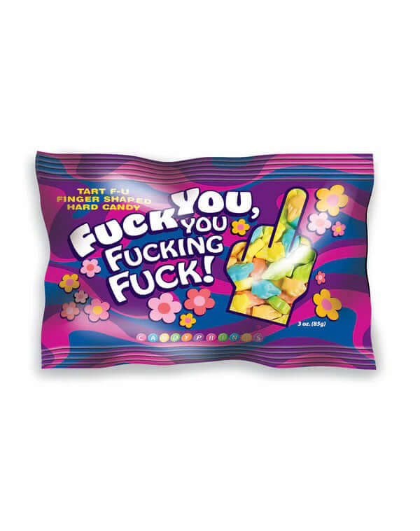 Fuck You You Fucking Fuck Candy 3 Oz Bag with middle finger-shaped tart candies in colorful packaging.