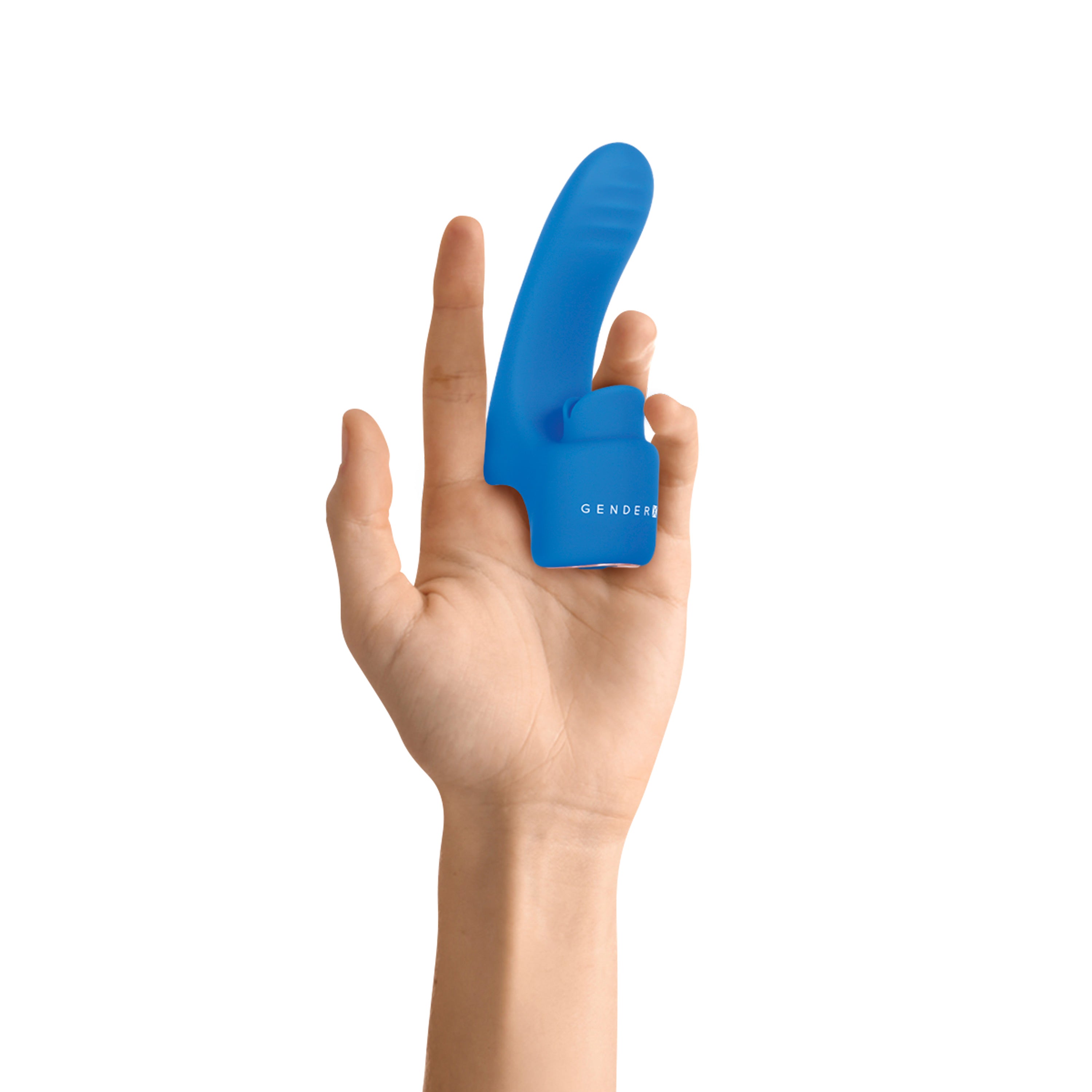 Gender X Flick It Rechargeable Silicone Vibrator Blue held in a hand, showcasing ergonomic design and vibrant color.