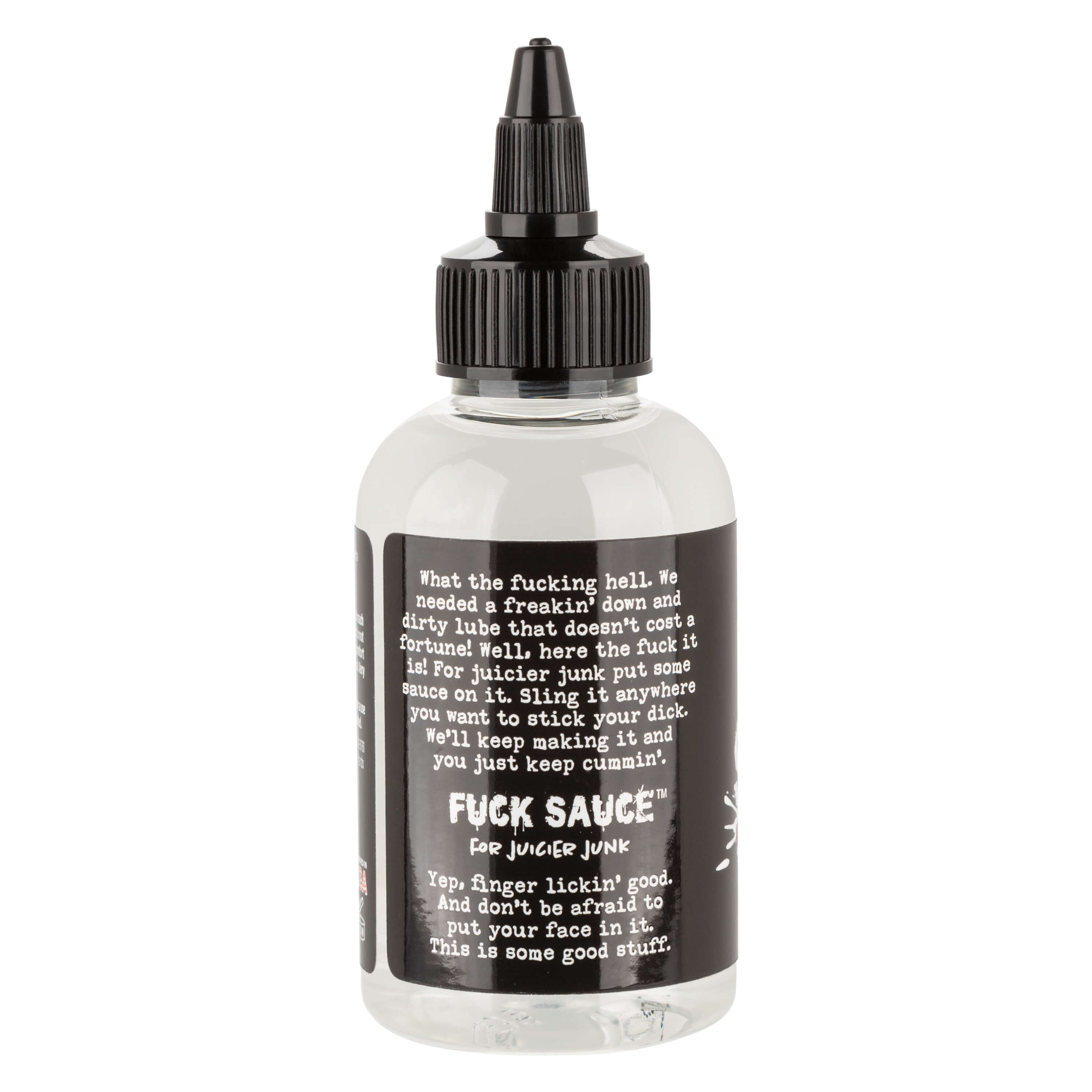 Fuck Sauce Slick Silicone Lubricant 4 Fl. Oz. bottle with black label and text promoting a super-slick and long-lasting intimate lubricant